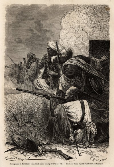 Muslimske fjellklatrere bosatte seg i fjellene i Svat, og kjempet mot en engelsk ekspedisjon i 1863 for å stoppe plyndringen av landsbyer i regionen. Gravering for å illustrere historien om Pandjab og Kashmir, av Guillaume Lejean i 1866, utgitt i "" Le tou av Unknown artist