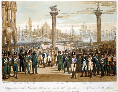 Napoleon I i Venezia 29. november 1807 foran den italienske marinen. Gravering av 1845 av Unknown artist