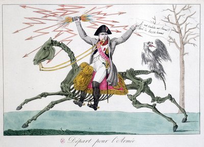Napoleon: karikatur i en krigermann på et hesteskjelett - i "" Napoleon 1er"", samling av karikaturer av Unknown artist