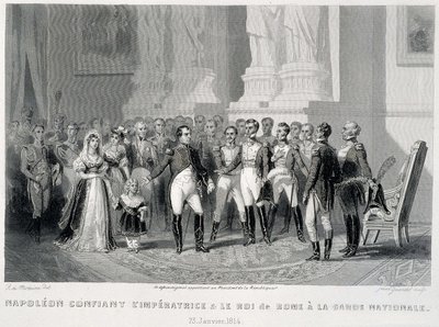 Napoleon entrusting the Impress and her son, the King of Rome, to the National Guard (23 January 1814) - in “Fasttes de Gardes nationales de France”” av Unknown artist