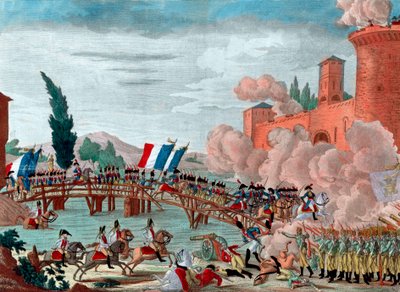Napoleon ledet hæren sin over broen ved Lodi - Napoleon under slaget og passeringen av broen til Lodi i 1796 - Passering av broen til Lodi i Italia av den republikansk-franske Armee på oppdrag av generalsjef Napoleon Bonaparte - av Unknown artist