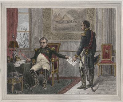 Napoleon signerer sin abdikasjon 1814 - Napoleon Bonaparte (1769-1821) i Fontainebleau under sin første abdikasjon, signert i april 1814 Gravering i "Les Fastes Populaires, ou Histoire des acts heroiques du peuple et de son influence sur les sciences, le av Unknown artist