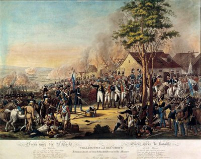 Napoleonskrigene: Slaget ved Belle Alliance eller Waterloo vunnet 18.06.1815 av de væpnede styrkene under ordre fra Arthur Wellesley, hertugen av Wellington (1769-1852) og prins Blucher av Unknown artist