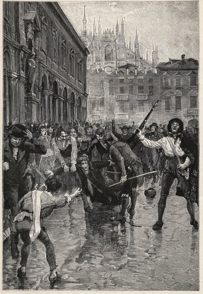 Napoleons abdikasjon oppmuntrer til opptøyer i Milano, og Giuseppe Prina, den upopulære finansministeren, blir dratt rundt i gatene og til slutt drept av mobben på Piazza San Fedele i Milano, 20. april av Unknown artist