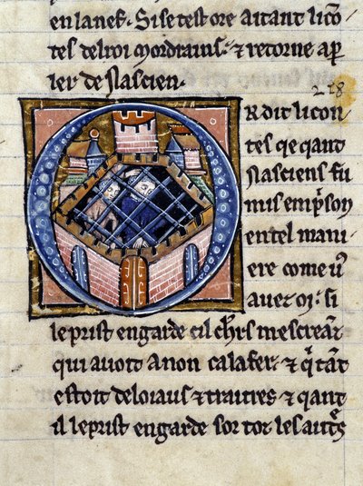 Nascion i fengsel. Manuskript: Conquest of the Saint Gréal, skrevet 717 år etter lidenskapen til vår herre. Bibliotheque Municipale de Rennes, ms. 255 (Samling av romaner om det runde bord); Paris av Unknown artist