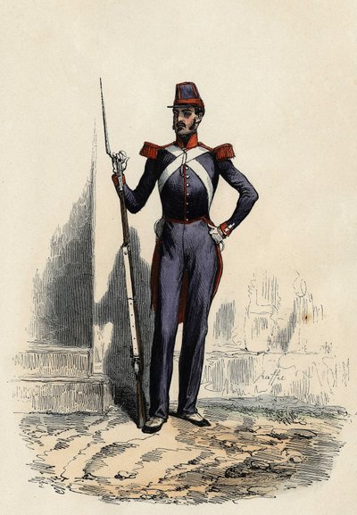 Nasjonalgarden eller afrikansk milits i Alger, opprettet av general Clausel fra den franske Armee, i 1830, for å sikre orden i byen, In "" L'Algerie ancienne et moderne"" av Leon Galibert av Unknown artist