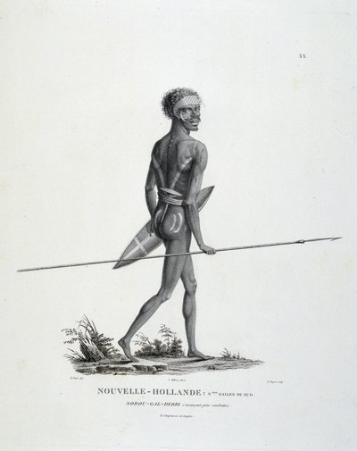 Innfødte North-Gal-Derri fra New South Wales i New Holland rykker frem for å kjempe - i "" Journey of Discoveries to the Southern Lands"" av Mrs. Lesueur og Peer av Unknown artist