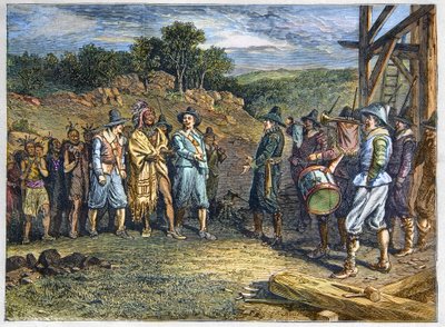 Innfødt befolkning i Amerika: indianere. Nybyggerne møtte Massasoit (1590-1661) også kjent som Ousamequin "Yellow Feather"" sjef for Wampanoag-stammen, Plymouth Colony, år 1620. Wampanoag-leder Massasoit besøkte kolonister i Plymouth av Unknown artist