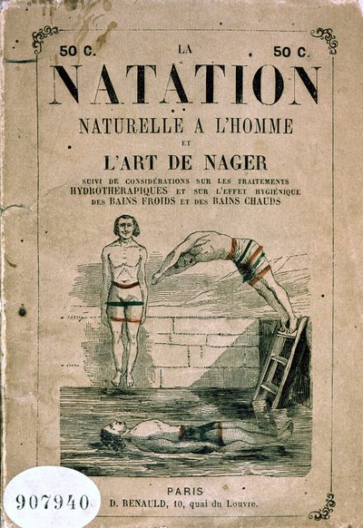 Naturlig svømming med mennesket og svømmekunsten, og betraktninger om hydroterapibehandlinger og den hygieniske effekten av kalde og varme bad - Frontispice, slutten av 1800-tallet av Unknown artist