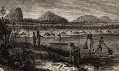 I nærheten av grå stær i Rovuma (Mozambique), fiskeaktiviteter av fisken. Gravering for å illustrere Dr. Livingstones første reiser til Sør-Afrika fra 1840 til 1856, i «Le tour du monde, nouveau journal des voyages»» publisert under direktivet av Unknown artist