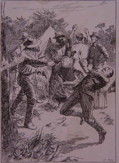 Ned Kelly dreper politikonstabel Lonigan ved Stringybark Creek i 1878 (gravering) av Unknown artist