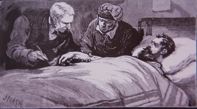 Ned Kelly ligger såret på fengselssykehuset i Melbourne etter å ha blitt tatt til fange av politiet 28. juni 1880 (gravering) av Unknown artist