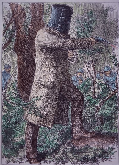 Ned Kelly, iført sin karakteristiske rustning, i siste konfrontasjon med politiet, 28. juni 1880 (farget gravering) av Unknown artist