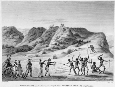 New Holland, Bay of Marine Dogs, Peron-halvøya: intervju med indianerne (møte mellom aboriginere og nybyggere) - gravering, deb. 1800-tallet av Unknown artist