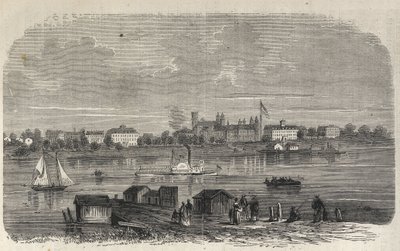 New York State - Emigration Commission Establishment - Ward Island - Gravering i "The Illustrous Universe" fra 1869 av Unknown artist