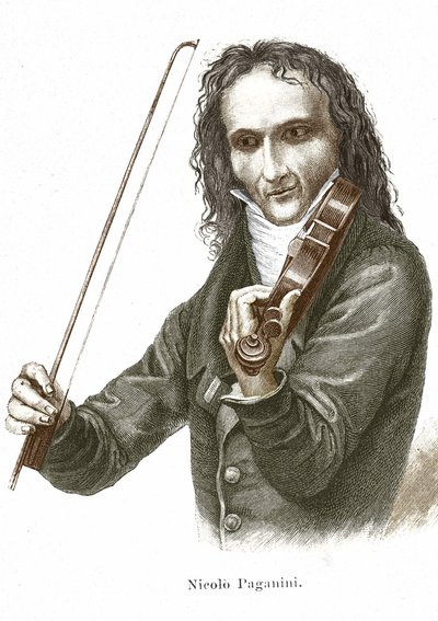 Niccolo Paganini (1782 - 1840) spiller på sin Stradivarius (fiolin skapt av den italienske luthier Antonio Stradivari). av Unknown artist