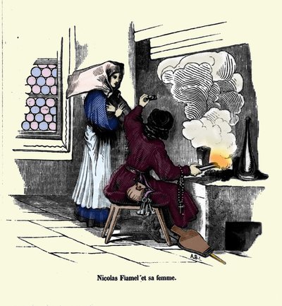 Nicolas Flamel (1330 - 1418) med sin kone. av Unknown artist