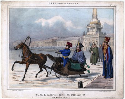 Nicolas I en traineau - Nicholas I av Russland i en slede - Anonym - 1850 - Litografi, akvarell - 21,3x26,8 - Privat samling av Unknown artist