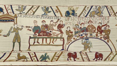 Norman servants prepare a banquet for William and Bishop Odo blesses the meal, Bayeux Tapestry (wool embroidery on linen) av Unknown artist