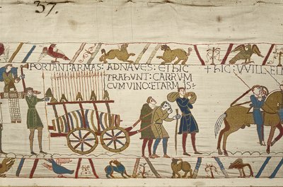 Normannere trekker en vogn lastet med vin og armer, Bayeux-teppe (ullbroderi på lin) av Unknown artist