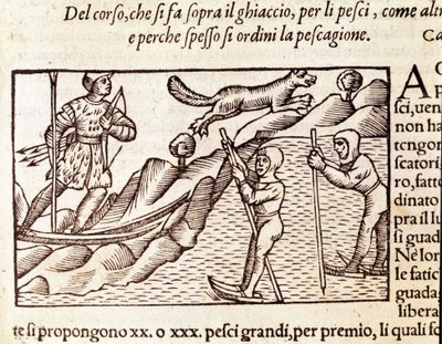 Norske jegere som beveger seg gjennom ski. gravering av Olaus Magnus (1490 - 1557), svensk religiøs og geograf, "Historia de Gentis Septentrionalibus", Venezia av Unknown artist