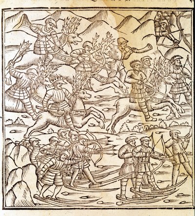 Norske jegere som ferdes på ski og rein. Gravering av Olaus Magnus (1490 - 1557), svensk religiøs og geograf, "Historia de Gentis Septentrionalibus", Venezia av Unknown artist
