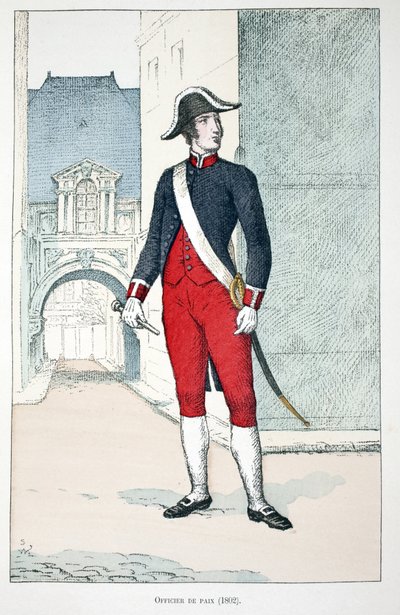 Fredsoffiser (1802). Etsning i farger, for illustrasjon "" History of the corps of peacekeepers""" bok utgitt i regi av Louis Lepine (1846-1933), prefekt for politiet på Seinen, av Alfred Rey (1864-?) og Louis Feron (1862) -?), av Unknown artist