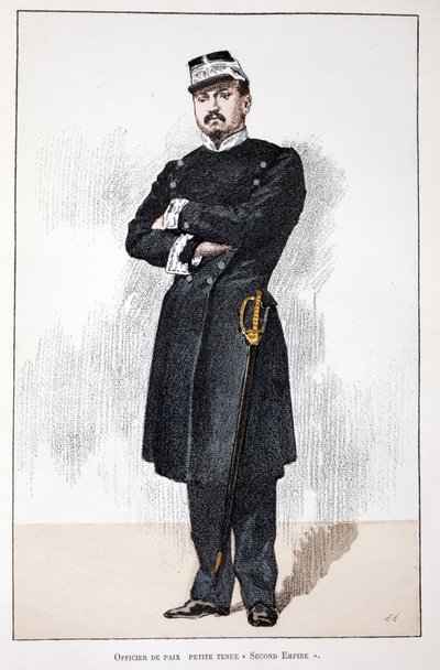 Fredsoffiser, Small Second Empire Dress (1852-1870). Etsning i farger, for illustrasjon "" History of the Corps of Peacekeepers""" bok utgitt i regi av Louis Lepine (1846-1933), prefekt for politiet på Seinen, av Alfred Rey (186) av Unknown artist