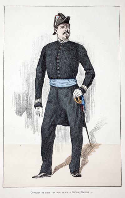 Fredsoffiser, Great Second Empire (1852-1870). Etsning i farger, for illustrasjon "History of the Corps of Peacekeepers""" bok utgitt i regi av Louis Lepine (1846-1933), prefekt for politiet på Seinen, av Alfred Rey (1864- av Unknown artist