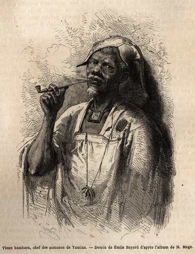 Gamle Bambara, stammesjef i Yamina (Niger) røyker pipe og har på seg det tradisjonelle sjefsdekselet til stammen. Gravering for å illustrere reisen til Vest-Sudan til løytnant (Marine) M. Mage, i 1863-1866, publisert i "Le tour du monde, nouveau jour av Unknown artist