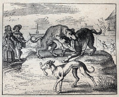 Old English proverb: two dogges strive for a bone and the third takes it away av Unknown artist