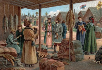 Gamle kjøpesentre: Pelsmesse i Novgorod (Veliky Novgorod), Russland på 1800-tallet. Kromolitografi fra slutten av 1800-tallet av Unknown artist