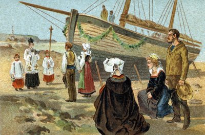 Old custom celebrated in the Brittany region: baptism of a fishing boat. Chromolithography of the late 19th century. av Unknown artist