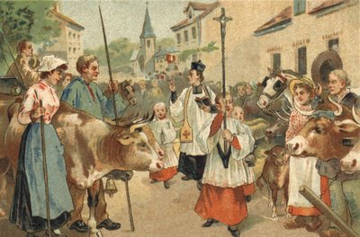 Gammel skikk feiret i Nivernais-regionen: flokkenes velsignelse. Kromolitografi fra slutten av 1800-tallet. av Unknown artist