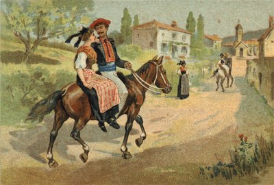 Gammel skikk feiret i Provence-regionen: forsamlingen av Camarguais. Kromolitografi fra slutten av 1800-tallet. av Unknown artist