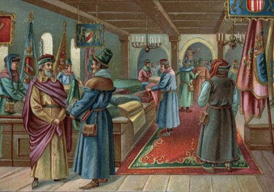 Old shopping centres: linen hall in Bruges, Belgium in the 15th century. Chromolithography of the late 19th century av Unknown artist
