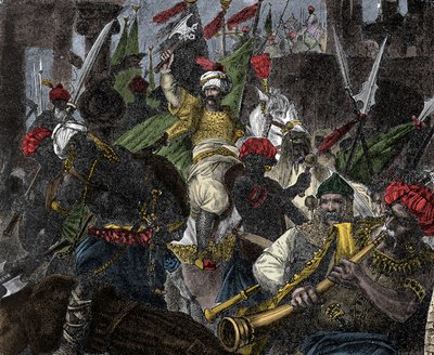 Den 29. mai 1453, storming av Konstantinopel av Muhammad II, sultan av det osmanske riket - Erobringen av Konstantinopel: hæren til den osmanske sultanen Mehmet II (Mehmed II erobreren eller Muhammad II Fatih) (1430-1481) beleiret byen i Konstantinopel 1 av Unknown artist