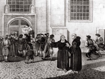 On 31/10/1517, Luther posted on the gates of Wittenberg Castle his 95 theses “” denouncing the sale of indulgences and which marked the beginning of the Reformation - grav. av Unknown artist