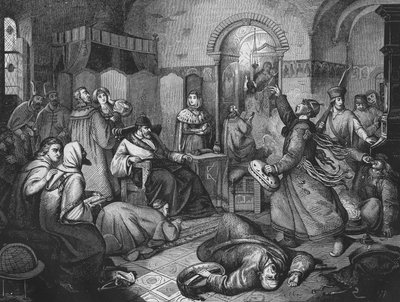 På den siste dagen til Ivan IV den grusomme (1530-1584), tsar og storprins av Russland, ved siden av ham hans vakre datter. gravering fra 1860. av Unknown artist
