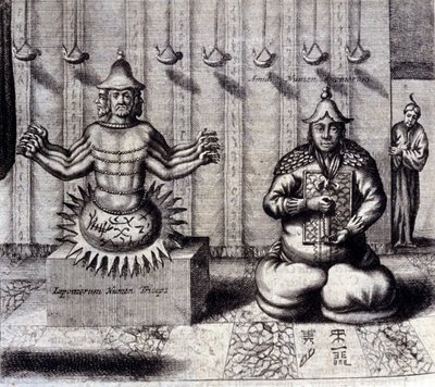 Til venstre har hinduistisk guddom åtte armer, til høyre Amida, japansk Buddha. "De China Monumenta" av Athanasius Kircher (1601 - 1680), jesuitt, orientalist og tysk lærd, Amsterdam 1667. av Unknown artist