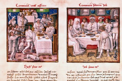 Til venstre festen Assuerus 1. (Xerxes 1.). Til høyre festen for Jobs barn. Miniatyr fra manuskriptet "" Le Miroir de l