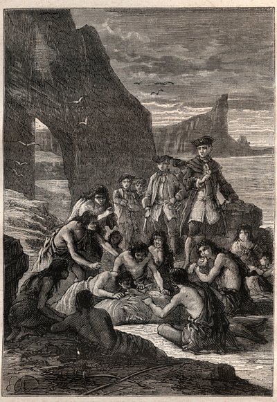 En av dem koblet fra med tennene: Viseadmiral John Byron (1723-1786) på en av øyene i Detroit of Magellan - Fuegians (innbyggere i Tierra del Fuego) decoupe med tennene en hval som hadde blitt revet og forsteinet på stranden - syk av Unknown artist