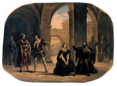 Operascenen "" I vespri siciliani"" (De sicilianske vesperene) komponert av Giuseppe Verdi. kromolitografi fra slutten av 1800-tallet.. av Unknown artist