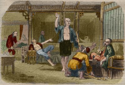 Opiumsrøykere i Kina på midten av 1800-tallet. Gravering fra 1857 i "" Le Musee Des Sciences"" av Unknown artist