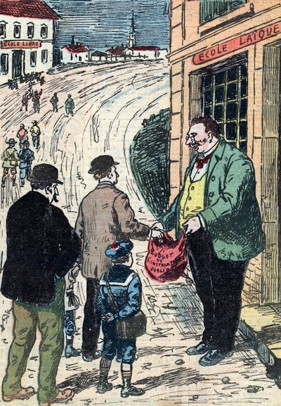 Motsetning mellom sekulær skole og privatskole i Frankrike Karikatur fra «Le pelerin» 24.03.1912 Privatsamling av Unknown Artist