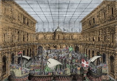 Orazio Scarabelli, Naval Battle Show (naumachia) reiser seg i gårdsplassen til Palazzo Pitti i Firenze (Royal Palace of the Medici-familien, Grand Dukes of Toscana) Naumachia i gårdsplassen til Palazzo Pitti, Firenze av Unknown artist