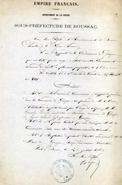 Orden fra underprefekturet Creuse (Arrondissement of Boussac) av 23. juli av Unknown artist