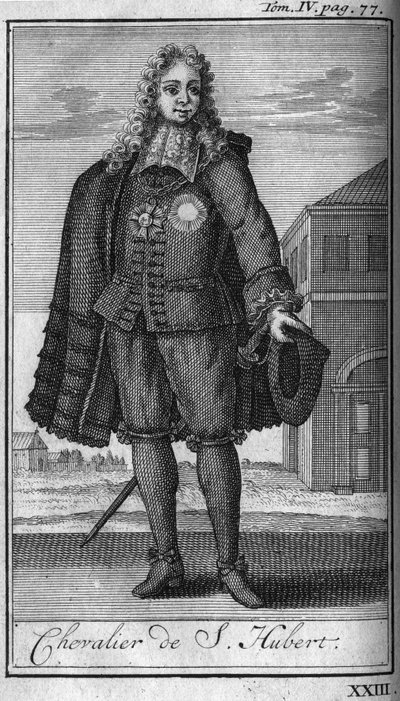 Ridderordener. Ridder av Saint Hubert til hertugen av Juliers på 1400-tallet I "Historien om militære ordener eller riddere, av de sekulære og regulære militsene av begge kjønn, som har blitt etablert så langt. Utgave hentet fra Abbe Giustiniani, R. av Unknown artist