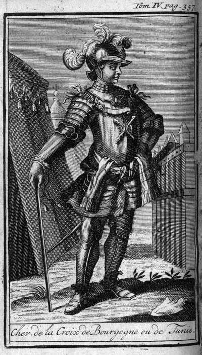 Ridderordener. Ridder av korset av Burgund eller Tunis. I "" Historien om militære ordrer eller riddere, om sikre og rutinemessige militser av begge kjønn, som har blitt etablert så langt. Utgave hentet fra Abbe Giustiniani, R.P.Bonani, M. Herman, Sch av Unknown artist