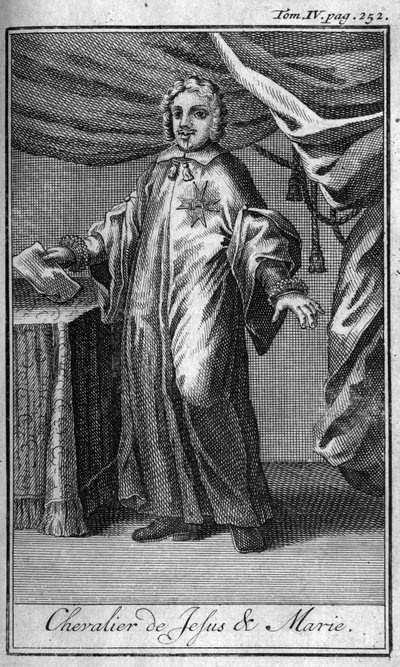 Ridderordener. Ridder av Jesus og Maria i Italia på 1600-tallet. I "" Historien om militære ordener eller riddere, om sikre og rutinemessige militser av begge kjønn, som har blitt etablert frem til nå. Utgave hentet fra Abbe Giustiniani, R.P. Bonani, av Unknown artist